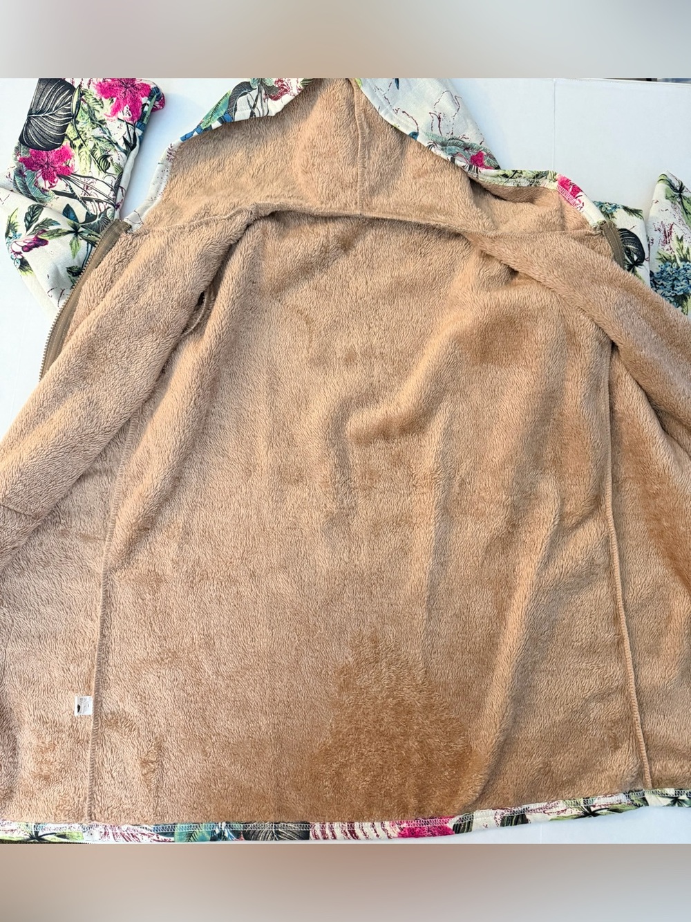 Cozy Soft Boho Light Plant Floral Hooded Zip-up Jacket Tan Fleece Lining Size L - Picture 12 of 13